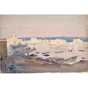 René Leverd 1872-1938  Alger Le Port Aquarelle