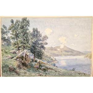 Théophile Meunier 1800-1884 Le Lac Du Bourget En Savoie Aquarelle