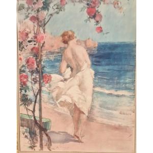 Antoine Calbet 1860-1944 Woman On The Beach Watercolor 