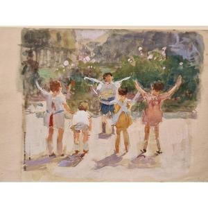 Victor Gabriel Gilbert 1847-1935 Children's Gymnastics Watercolor
