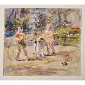 Victor Gabriel Gilbert 1847-1935 Enfants Et Chien Jouant Au Jardin Aquarelle