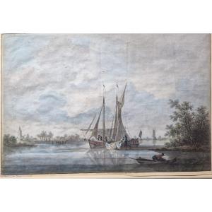 Nicolas Wicart 1748-1815 Sailboat On The River Watercolor