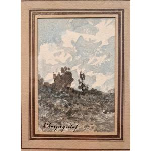 Henri Harpignies 1819-1916 Trees Against The Sky Watercolor