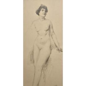 Henri Royer 1869-1938 Female Nude Black Pencil Drawing