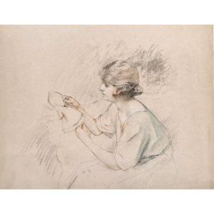 Henri Royer 1869-1938 Jeune Fille à La Poupée Dessin Aux Trois Crayons
