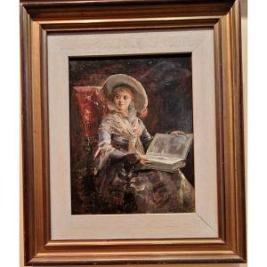 José Alcazar Tejedor 1850-1907 Young Girl Reading Oil On Panel