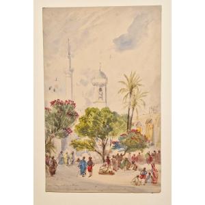 Louis Amable Crapelet 1822-1867 Place Publique à Bône Algérie Aquarelle