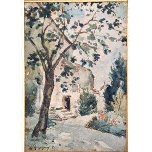 Henri Harpignies 1819-1916 Arbre Devant La Maison Aquarelle