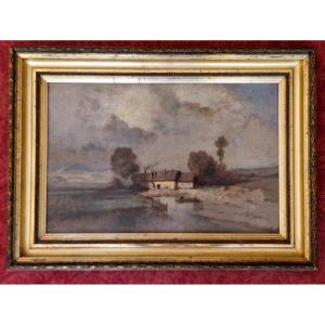 Adolphe Hervier 1818-1879 Paysage à La Chaumière Huile Sur Carton