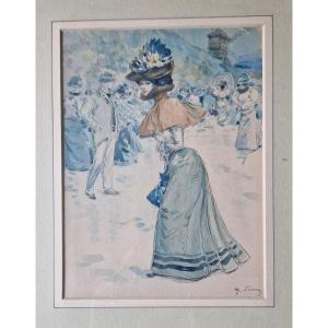 Henry Somm 1844-1907 Elégante Devant Le Moulin De La Galette Aquarelle