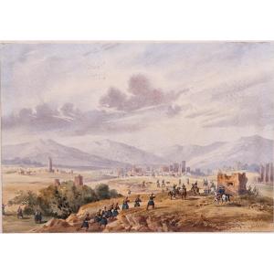 Gaspard Gobaut 1814-1982 Scène de bataille en Algérie Aquarelle