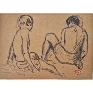 Maximilien Luce 1858-1941 Jeunes Garçons Sur La Plage Crayon Et Lavis d'Encre