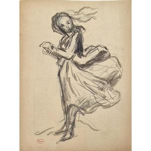 Maximilien Luce 1858-1941 Coup De Vent Dessin Au Crayon Noir