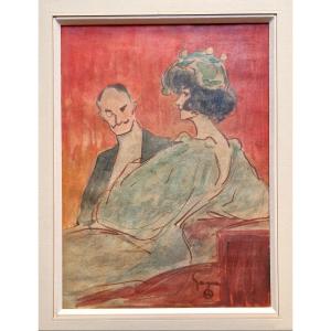 Ernest Gayac 1869-1942 Un Couple élégant Aquarelle