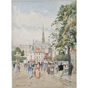 Henry Mouren 1844-1926 Place Saint Michel Watercolor