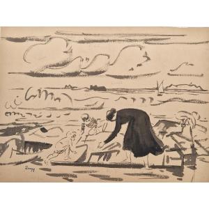 Jules Emile Zingg 1882-1942 Scène de plage à Perros-Guirrec Encre de chine