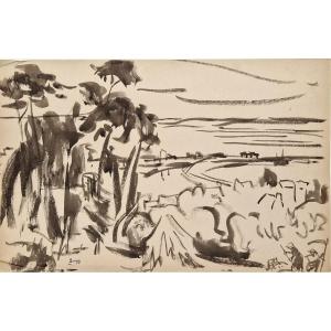 Jules Emile Zingg 1882-1942 Faucheurs en bord de mer. Bretagne. Encre de chine.