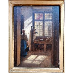 Théodore Cériez 1832-1904 Paysanne dans sa cuisine Huile sur panneau d'cajou