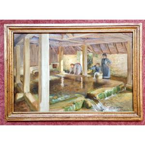 Georges Marie Julien Girardot 1856-1914 Women At The Washhouse Oil On Cardboard