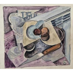 Albert Coste 1895-1985 Nature morte cubiste aux prunes et au couteau Aquarelle