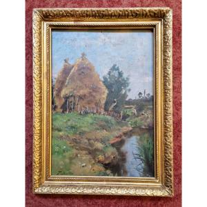 Paul Mathey 1844-1929 Haystacks By The River Oil On Panel