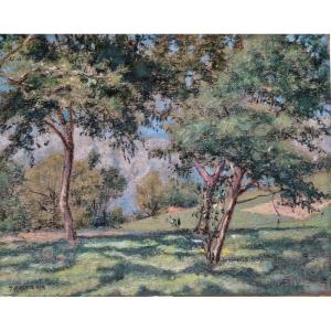 John William Tristram 1872-1938 Prairie au printemps Pastel