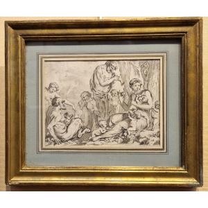 Louis Félix Delarue 1730-1777 Faune en famille Plume et lavis gris 