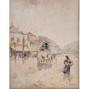 Francis Garat Né en 1853 Impériale sur Les grands boulevards à Paris Aquarelle