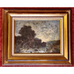 Henri Harpignies 1819-1916 Rivière au crépuscule Huile sur carton