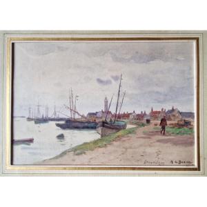 Alexis Louis De Broca 1868-1948 The Port Of Gravelines Watercolor
