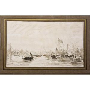 Félix Ziem 1821-1911 Venice On The Grand Canal Grey Wash Drawing