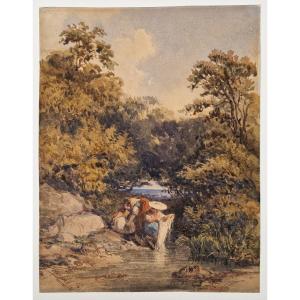 Ercole Trachel 1820-1872 Lavandières sur les hauteurs de Nice Aquarelle