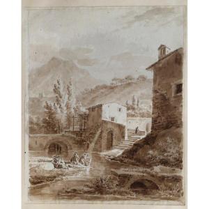 Jean Antoine Constantin d'Aix 1756-1844 Lavandières en Provence Dessin au lavis brun