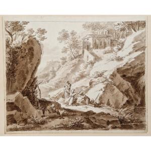 Jean Antoine Constantin d'Aix 1756-1844 Moines en prière en Italie Dessin au lavis brun