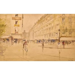 Francis Garat Born 1853 Cyclist In Paris Watercolor