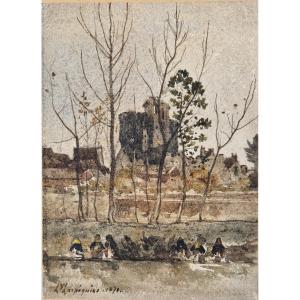 Henri Harpignies 1819-1916 Lavandières à Hérisson Watercolor