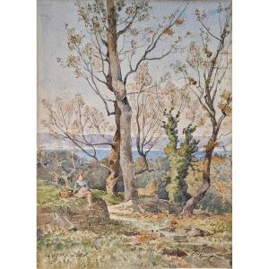 Henri Mouren 1844-1926 Young Girl By The Sea Watercolor
