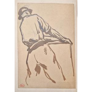 Maximilien Luce 1858-1941 Homme au travail Dessin au lavis brun