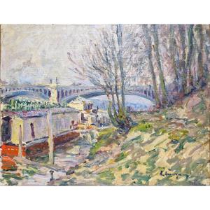 Gaston Domergue 1885-1927 Washing Boat On The Seine In Paris Oil On Paper