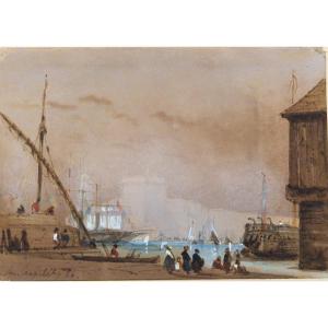 Louis Amable Crapelet 1822-1867 Le porte de Marseille Aquarelle et gouache