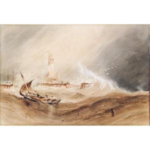 Henry Barlow Carter 1803-1868 Coup de mer face au phare Aquarelle