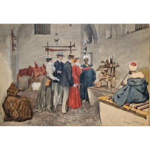 Georges Scott 1873-1942 Charité orientale Aquarelle et gouache