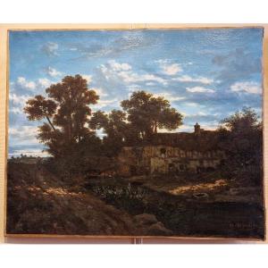 Narcisse Berchère 1819-1891 Ferme au crépuscule Huile sur toile