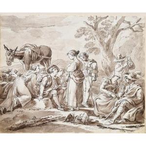 Jean Antoine Constantin d'Aix 1756-1844 Peasant Gathering In The Countryside Pen And Brown Wash