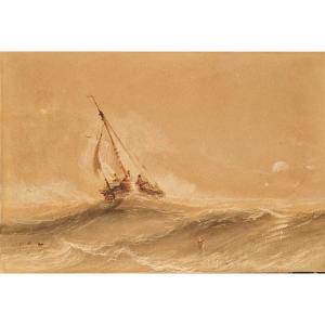 Henry Barlow Carter 1803-1868 Sailing Ship In Heavy Swell Watercolor
