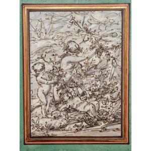 Ecole italienne du 18ème siècle Vénus et l'Amour Dessin à la plume et au lavis