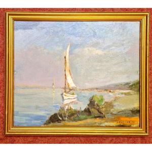 Ernest Lessieux 1848–1925 Sailboat On The Atlantic Coast Oil On Cardboard