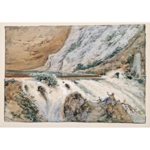 Joseph Bonaventure Laurens 1801–1890 The Torrent: Watercolor And Gouache