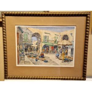 Henri Noizeux Né en 1871 Nice Marché à l'entrée du cours Saleya Aquarelle