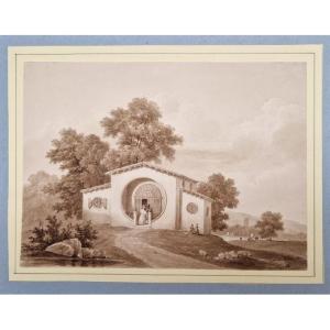 Nicolas Joseph Kellin 1789-1858 Maison à Romanville Lavis d'encre brune